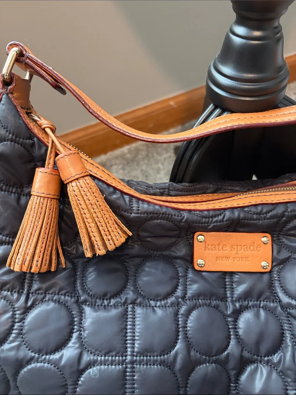 kate spade Black Quilted Shoulder Bag with Tan Leather Trim